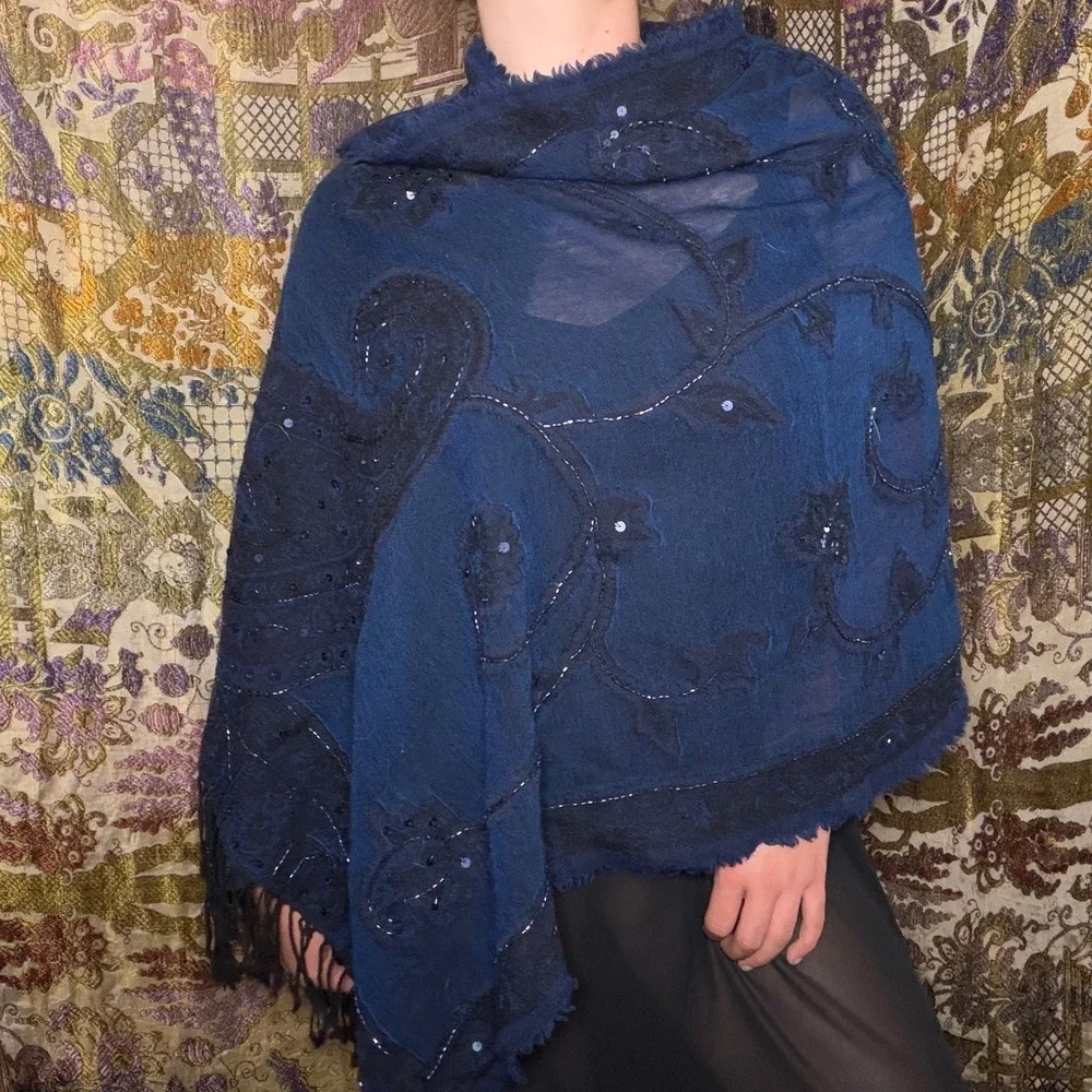 Whimsigoth Blue Black Beaded Sequin Floral Goth Fairy Fringe Scarf/Shawl